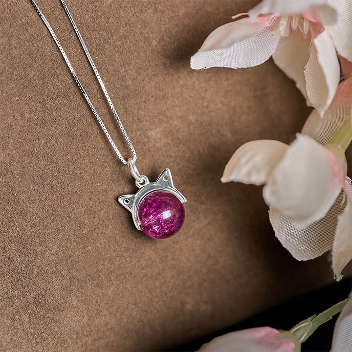 Buddha Stones 925 Sterling Silver Natural Deep Purple Fireworks Super Seven Crystal Cat Necklace Pendant - image 2