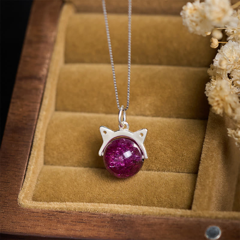 Buddha Stones 925 Sterling Silver Natural Deep Purple Fireworks Super Seven Crystal Cat Necklace Pendant - image 1