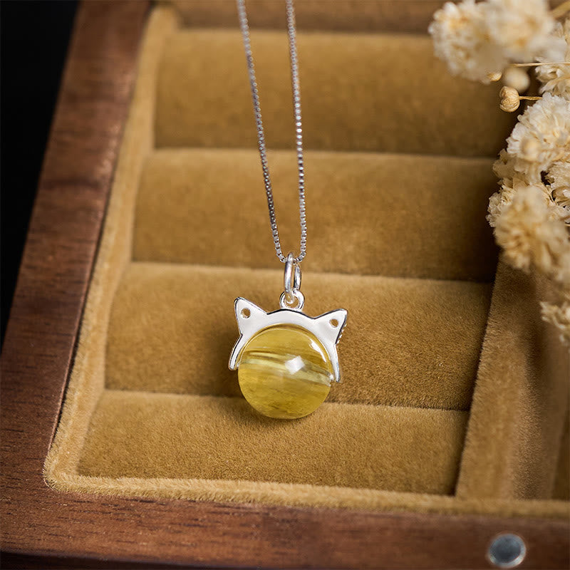 Buddha Stones 925 Sterling Silver Natural Golden Lepidolite Cat Prosperity Necklace Pendant - image 1