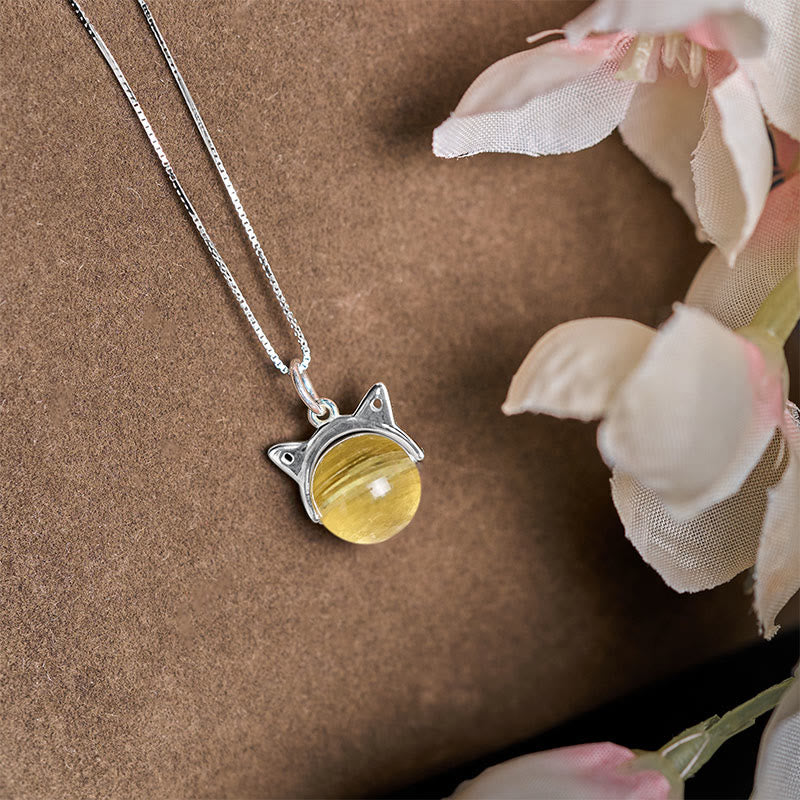 Buddha Stones 925 Sterling Silver Natural Golden Lepidolite Cat Prosperity Necklace Pendant - image 2