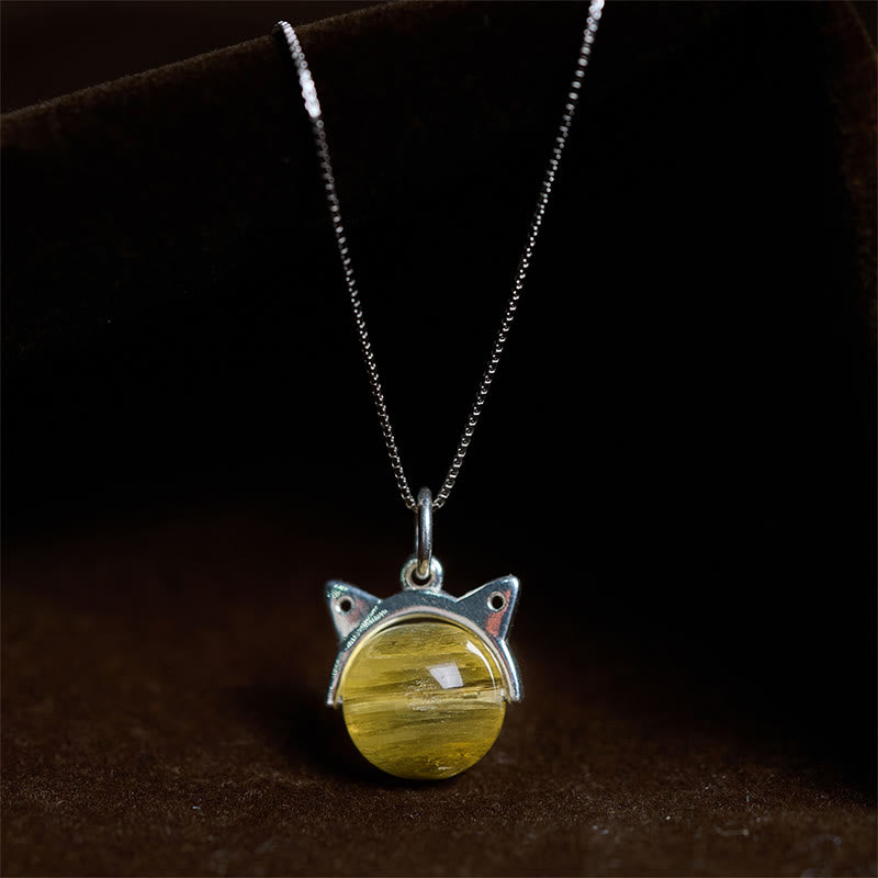 Buddha Stones 925 Sterling Silver Natural Golden Lepidolite Cat Prosperity Necklace Pendant - 10mm+0.8mm Chain - image 0