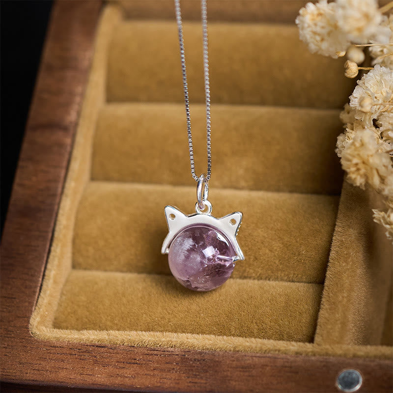 Buddha Stones 925 Sterling Silver Natural Rainbow Amethyst Cat Positive Necklace Pendant - image 1