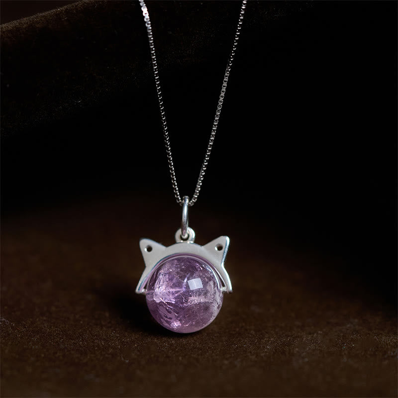 Buddha Stones 925 Sterling Silver Natural Rainbow Amethyst Cat Positive Necklace Pendant - 10mm+0.8mm Chain - image 0