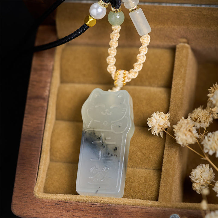 Buddha Stones Natural Xiuyan Jade Cat Rope Necklace Pendant - image 2