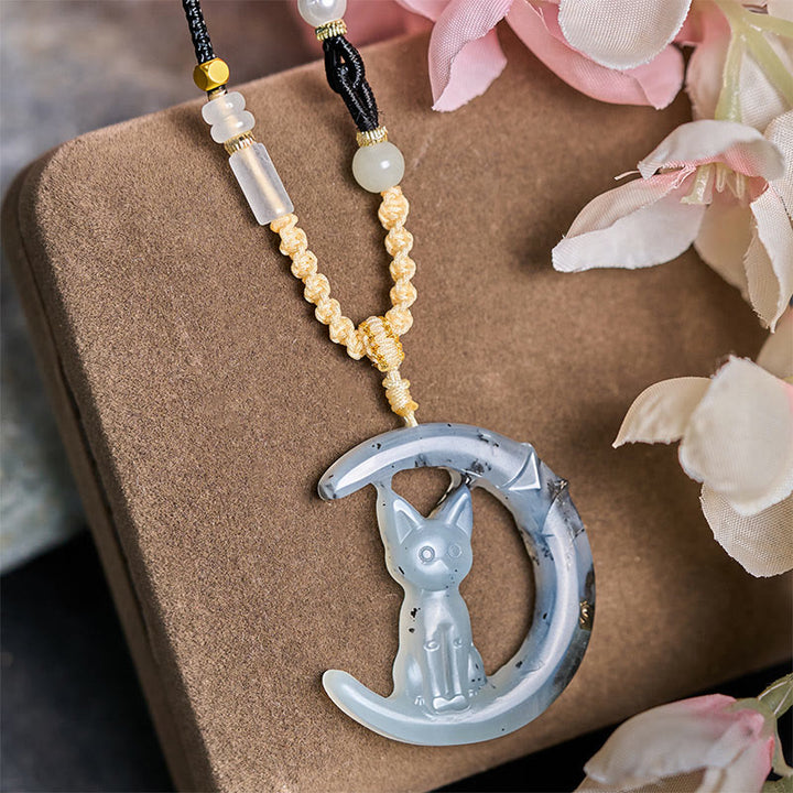 Buddha Stones Natural Xiuyan Jade Crescent Moon Cat Balance Necklace Pendant - image 2