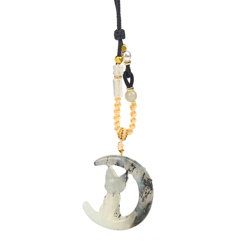 Buddha Stones Natural Xiuyan Jade Crescent Moon Cat Balance Necklace Pendant - image 7