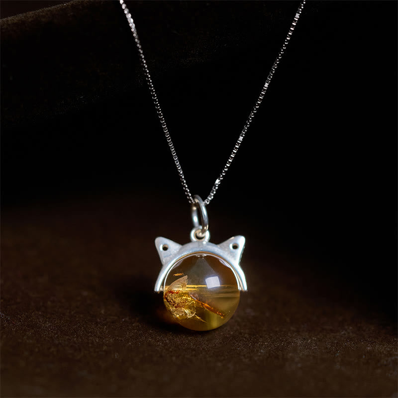 Buddha Stones 925 Sterling Silver Natural Citrine Cat Prosperity Necklace Pendant - 10mm+0.8mm Chain - image 0