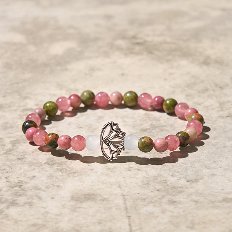 Buddha Stones Rhodonite Unakite Beads Lotus Healing Bracelet - image 3