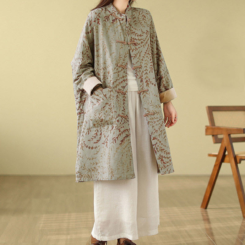 Buddha Stones Frog-button Vine Leaves Women's Coat With Pockets - image 4
