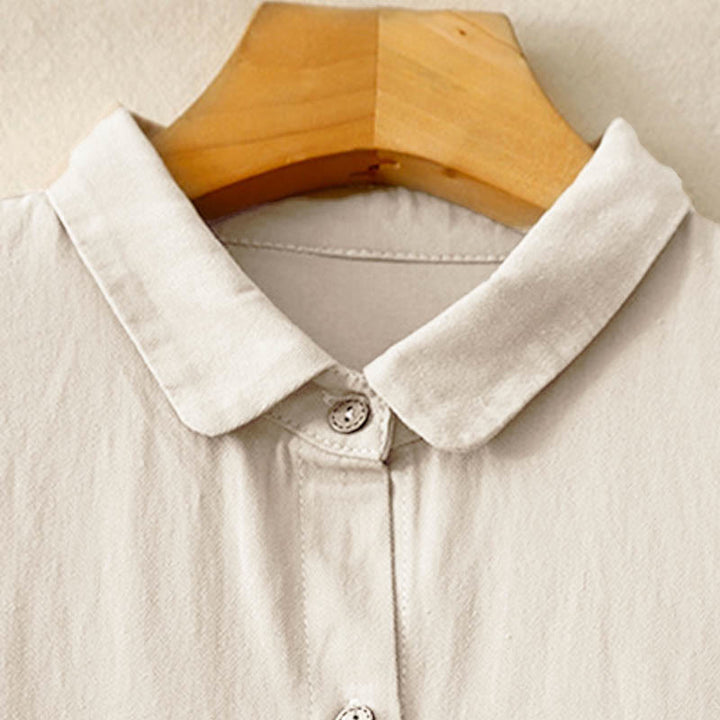 Buddha Stones Commute Long Sleeve Pure Color Button Design Lapel Cotton Midi Dress - image 4