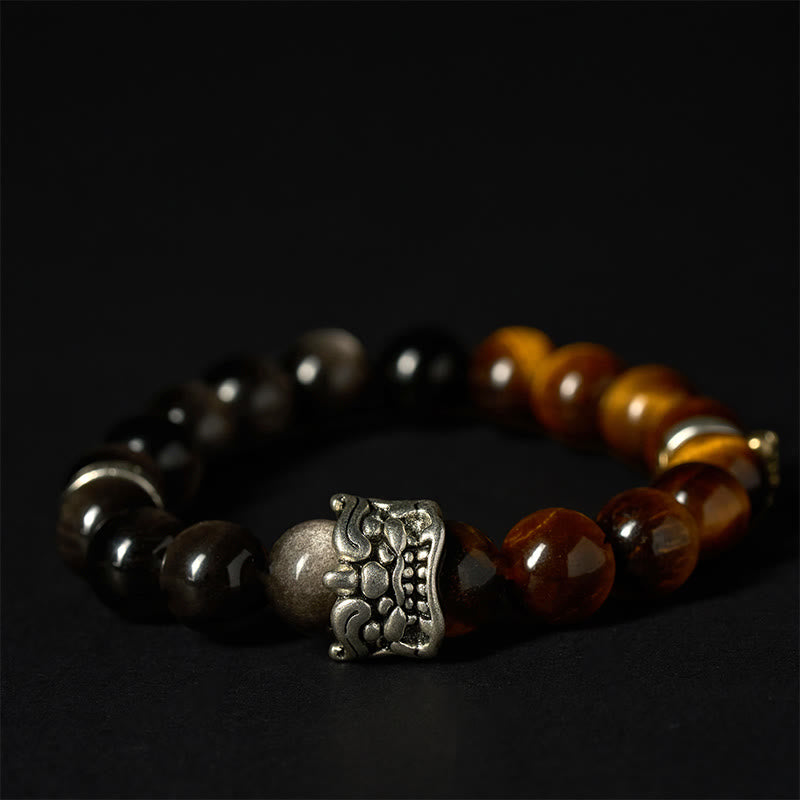 Buddha Stones Tiger Eye Silver Sheen Obsidian Om Mani Padme Hum Horse PiXiu Beast Courage Bracelet - image 3