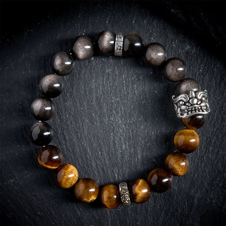 Buddha Stones Tiger Eye Silver Sheen Obsidian Om Mani Padme Hum Horse PiXiu Beast Courage Bracelet - image 2