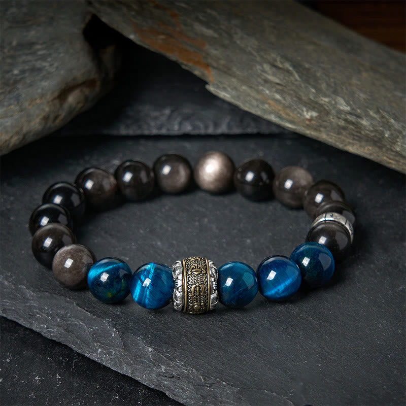 Buddha Stones Natural Silver Sheen Obsidian Blue Tiger Eye Om Mani Padme Hum Communication Bracelet - 20cm - image 0