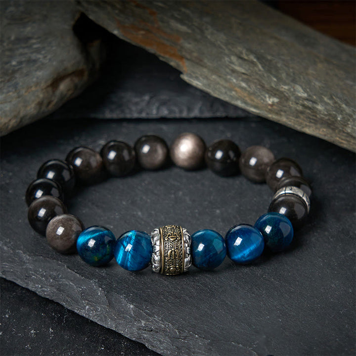 Buddha Stones Natural Silver Sheen Obsidian Blue Tiger Eye Om Mani Padme Hum Communication Bracelet - 20cm - image 0