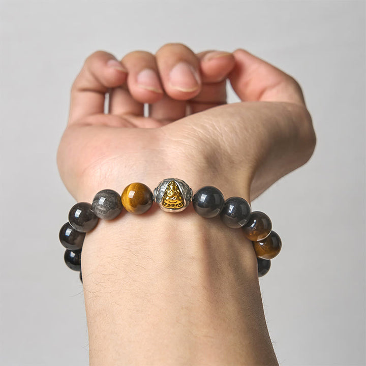 Buddha Stones Natural Silver Sheen Obsidian Tiger Eye Three-Faced Buddha Protection Bracelet - image 4