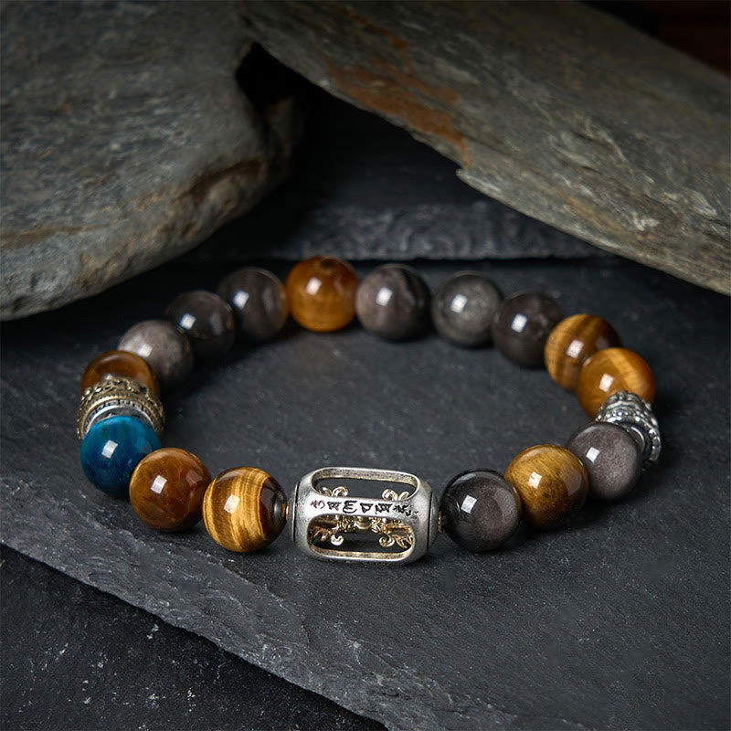Buddha Stones Silver Sheen Obsidian Tiger Eye Om Mani Padme Hum Three-Faced Buddha Positive Bracelet - image 1