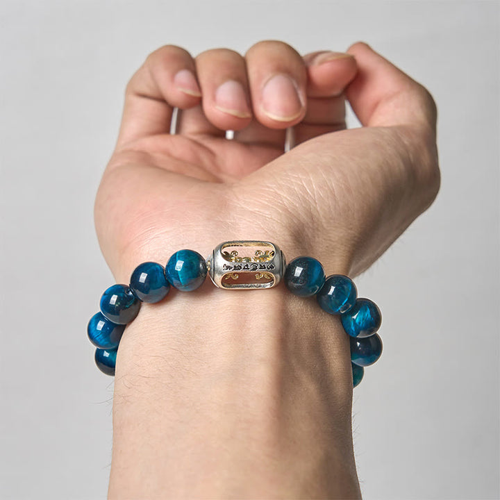 Buddha Stones Natural Blue Tiger Eye Om Mani Padme Hum Strength Bracelet - image 3