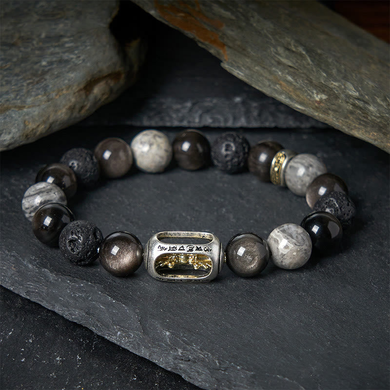 FREE Today: Soothing Silver Sheen Obsidian Lava Rock Grey Jasper Om Mani Padme Hum Vajra Bracelet - 17cm - image 0