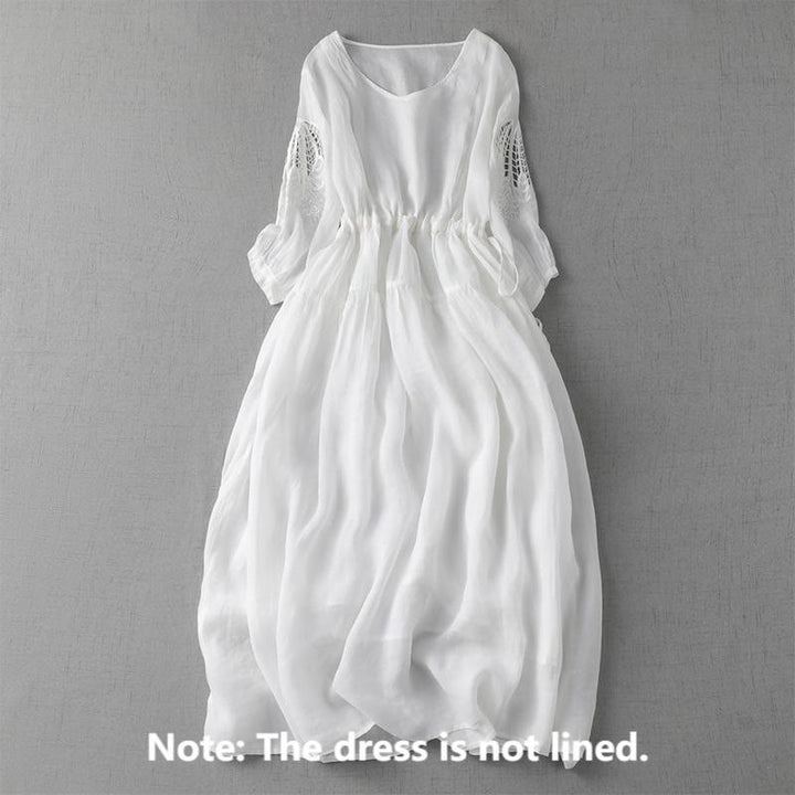 Buddha Stones Embroidery Patchwork Long Puff Sleeve Drawstring Midi Dress With Pockets - image 20