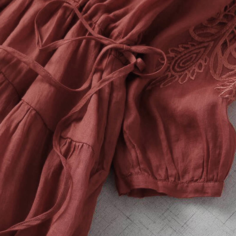 Buddha Stones Embroidery Patchwork Long Puff Sleeve Drawstring Midi Dress With Pockets - image 17