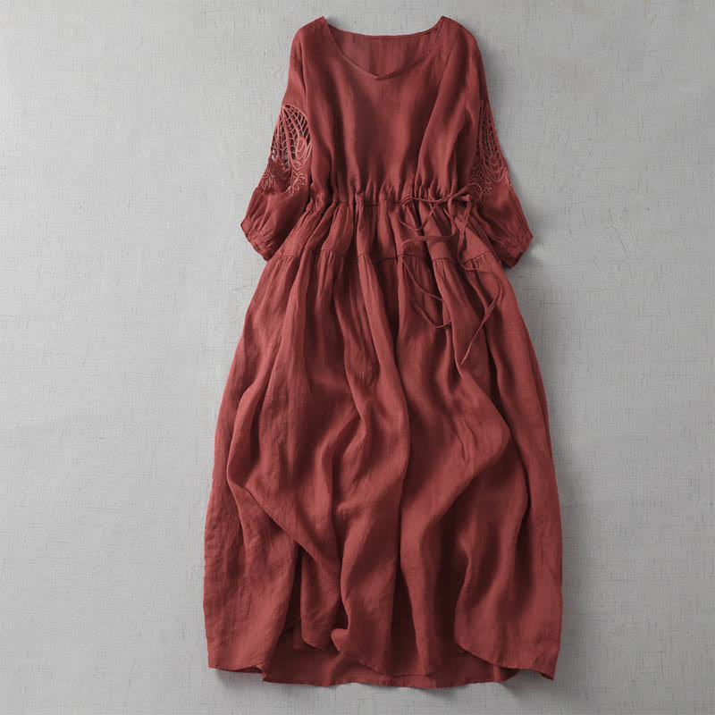 Buddha Stones Embroidery Patchwork Long Puff Sleeve Drawstring Midi Dress With Pockets - Crimson - US8-10，UK/AU12-14，EU40-42 (2XL) - image 3