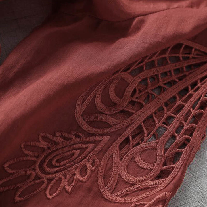 Buddha Stones Embroidery Patchwork Long Puff Sleeve Drawstring Midi Dress With Pockets - image 18