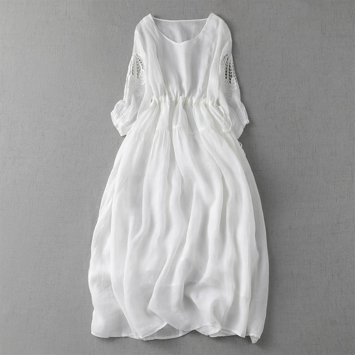 Buddha Stones Embroidery Patchwork Long Puff Sleeve Drawstring Midi Dress With Pockets - White - US8-10，UK/AU12-14，EU40-42 (2XL) - image 19