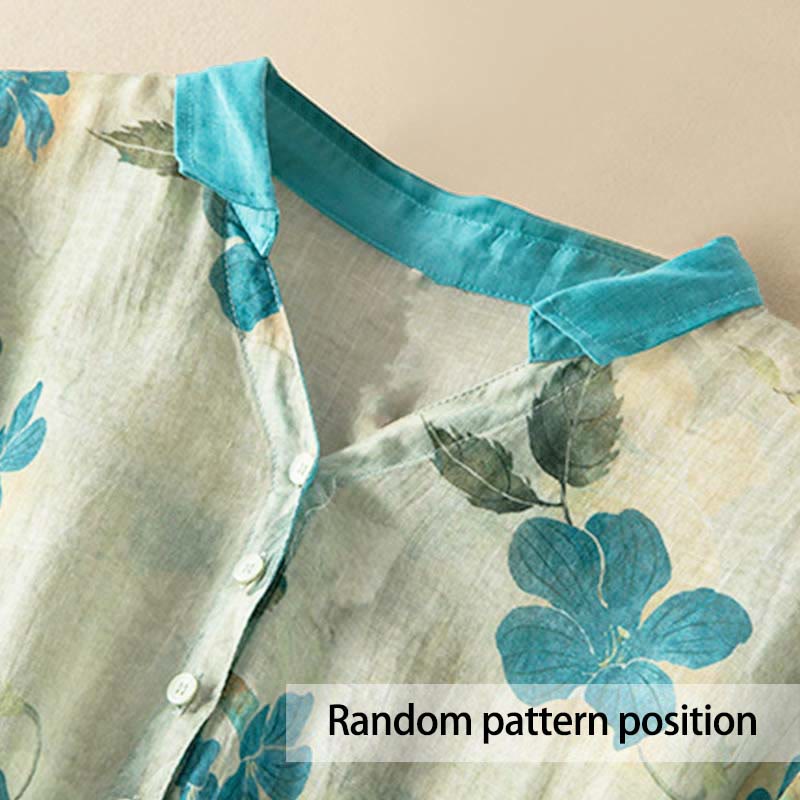 Buddha Stones Half Sleeve Color Contrast Floral Pattern Midi Dress With Pockets - image 1