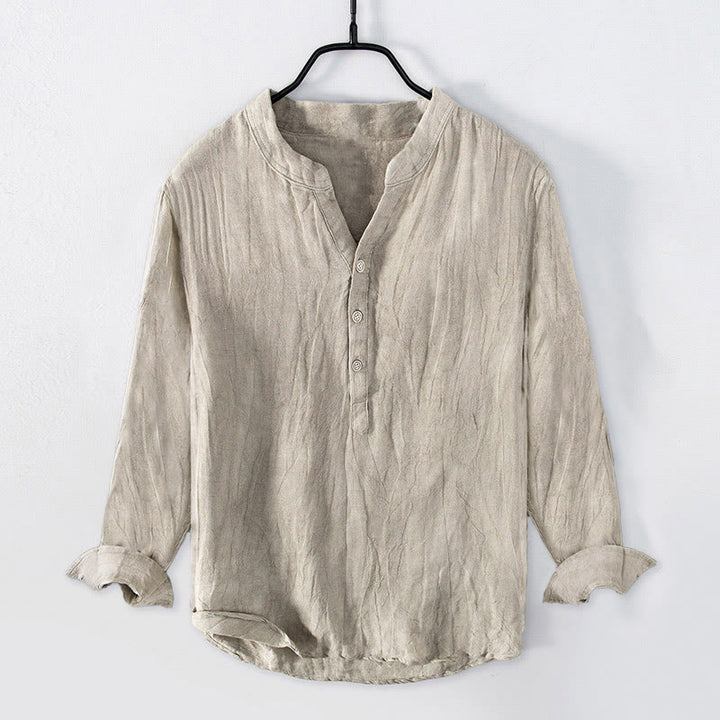 Buddha Stones Solid Color Short Sleeve Half Button Shirt Cotton Linen Men Clothing - Long Sleeve - Linen - US/UK/AU50，EU60 (5XL) - image 29