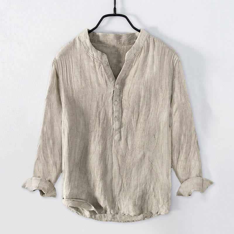 Buddha Stones Solid Color Long Sleeve Half Button Shirt Cotton Linen Men Clothing - Linen - US/UK/AU50，EU60 (5XL) - image 16
