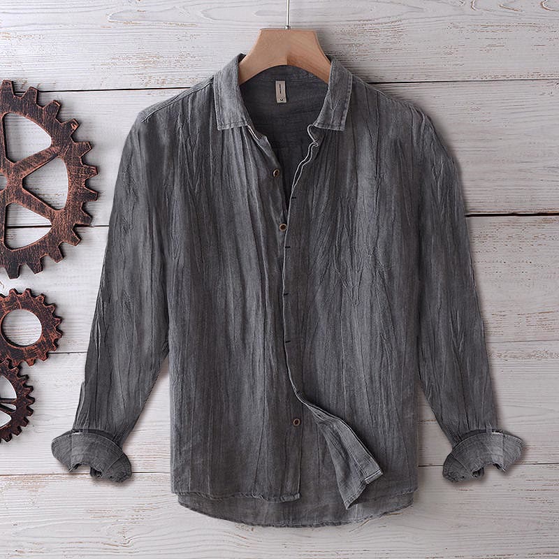 Buddha Stones Men's Shirt Solid Color Lapel Top Long Sleeve Comfy Button Crease Cotton Linen Shirt - Gray - US/UK/AU50，EU60 (5XL) - image 4