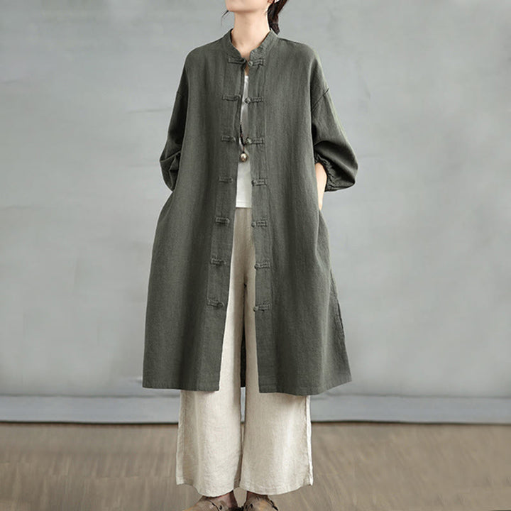 Buddha Stones Casual Frog-button Women's Cotton Linen Coat With Pockets - DarkOliveGreen - US12，UK/AU16，EU44 (2XL) - image 5