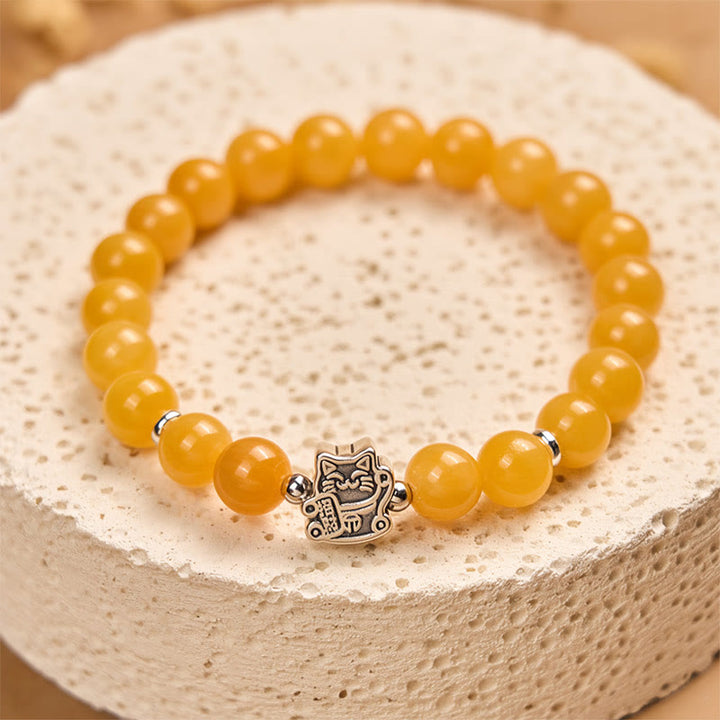 Buddha Stones 925 Sterling Silver Orange Tabby Cat Yellow Chalcedony Positivity Bracelet - image 2