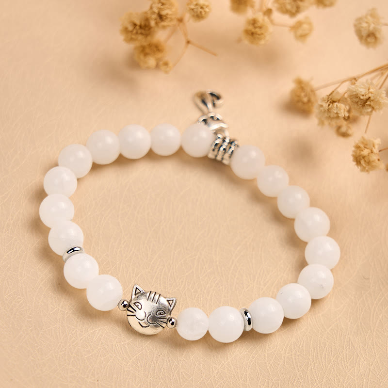 Buddha Stones White Cat Natural White Chalcedony Bead Positive Bracelet - image 1