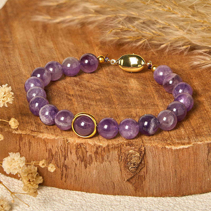 Buddha Stones Natural Amethyst Beads Balance Relieves Stress Buckle Bracelet - image 1