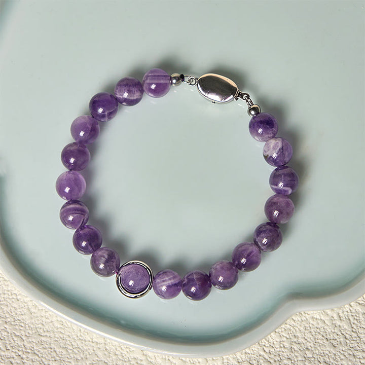 Buddha Stones Natural Amethyst Beads Balance Relieves Stress Buckle Bracelet - image 9