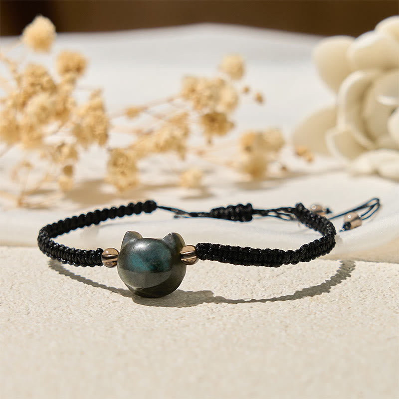 Buddha Stones Natural Labradorite Cute Cat Head Black Rope Healing Bracelet - image 2