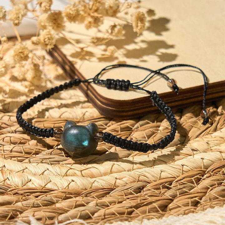 Buddha Stones Natural Labradorite Cute Cat Head Black Rope Healing Bracelet - image 4