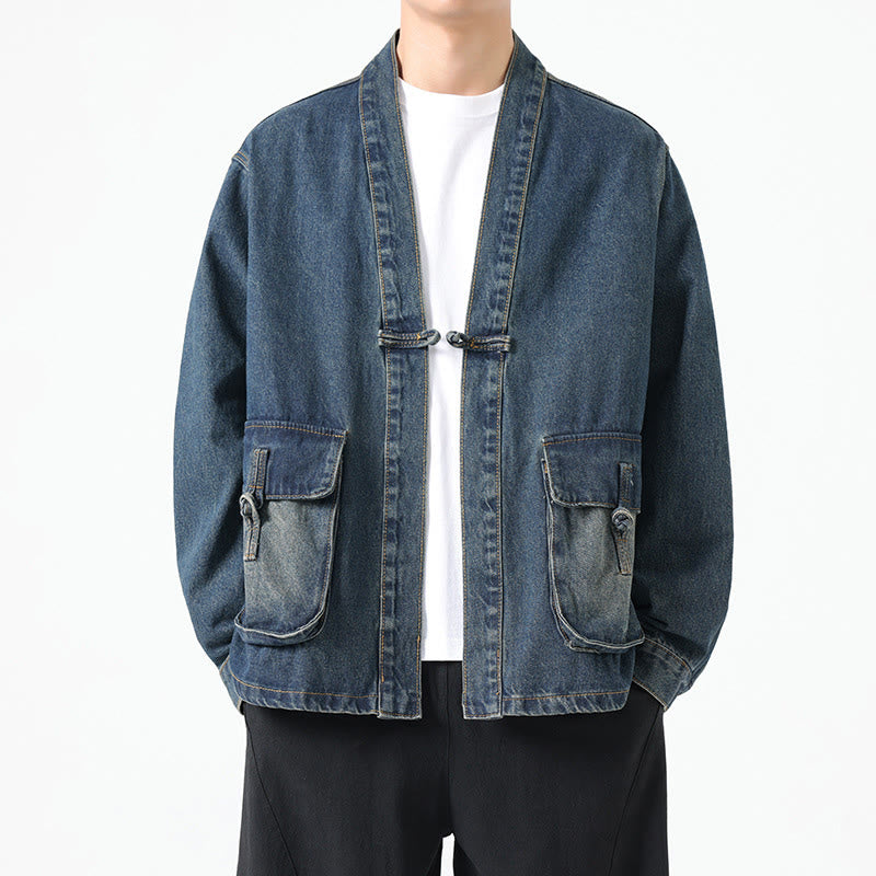 Buddha Stones Denim Button Design Men's Cotton Long Sleeve Jacket With Pockets - SteelBlue - US/UK/AU48，EU58(5XL) - image 18