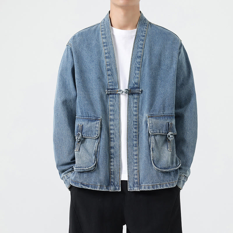 Buddha Stones Denim Button Design Men's Cotton Long Sleeve Jacket With Pockets - LightSkyBlue - US/UK/AU48，EU58(5XL) - image 11