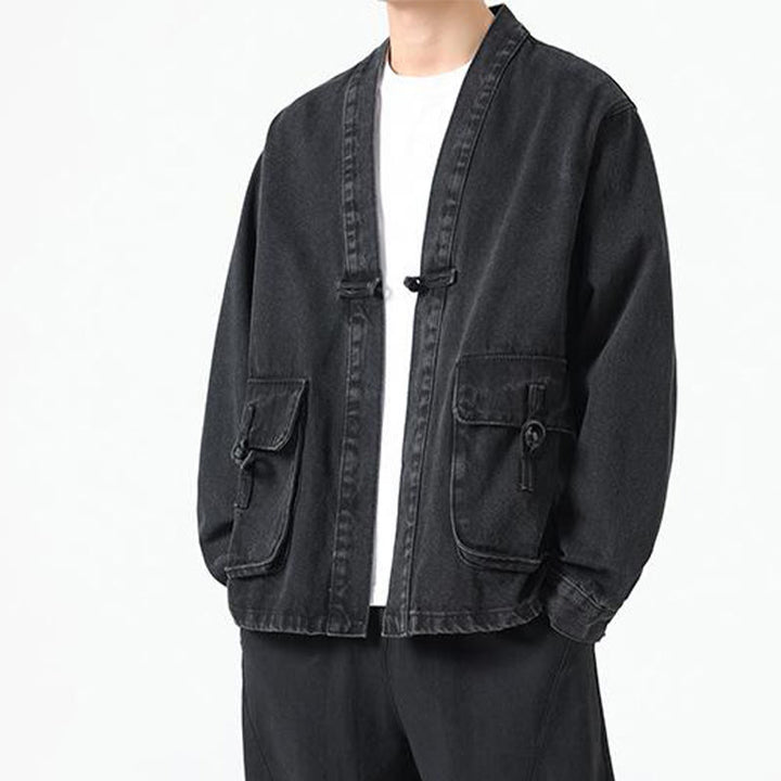 Buddha Stones Denim Button Design Men's Cotton Long Sleeve Jacket With Pockets - image 6