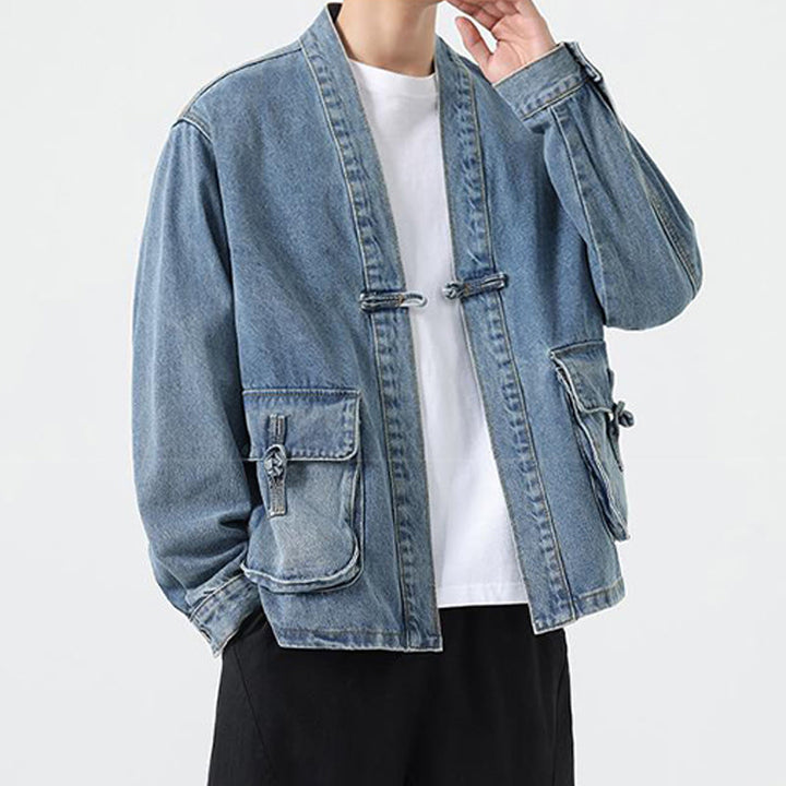 Buddha Stones Denim Button Design Men's Cotton Long Sleeve Jacket With Pockets - image 12