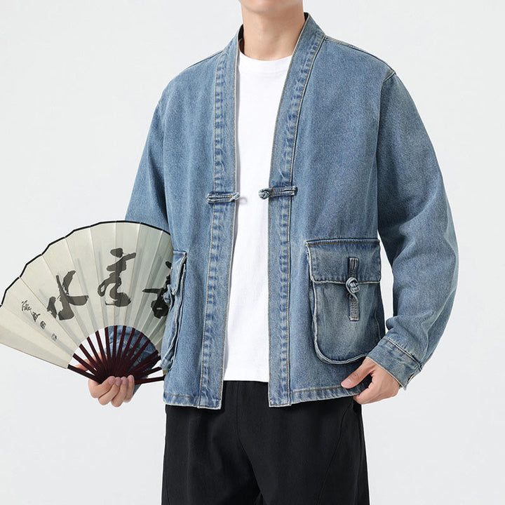 Buddha Stones Denim Button Design Men's Cotton Long Sleeve Jacket With Pockets - image 13