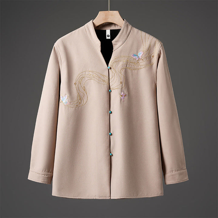 Buddha Stones Winter Embroidered Butterfly Ribbon Fleece-Lined Men's Cotton Long Sleeve Jacket - Bisque - US/UK/AU46，EU56 (5XL) - image 9