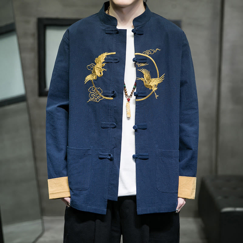 Buddha Stones Embroidered Cranes Auspicious Clouds Frog-Button Long Sleeve Cotton Linen Men's Shirt - SteelBlue - US/UK/AU46，EU56 (5XL) - image 21