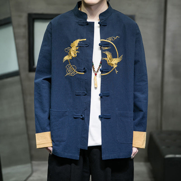 Buddha Stones Embroidered Cranes Auspicious Clouds Frog-Button Long Sleeve Cotton Linen Men's Shirt - SteelBlue - US/UK/AU46，EU56 (5XL) - image 21