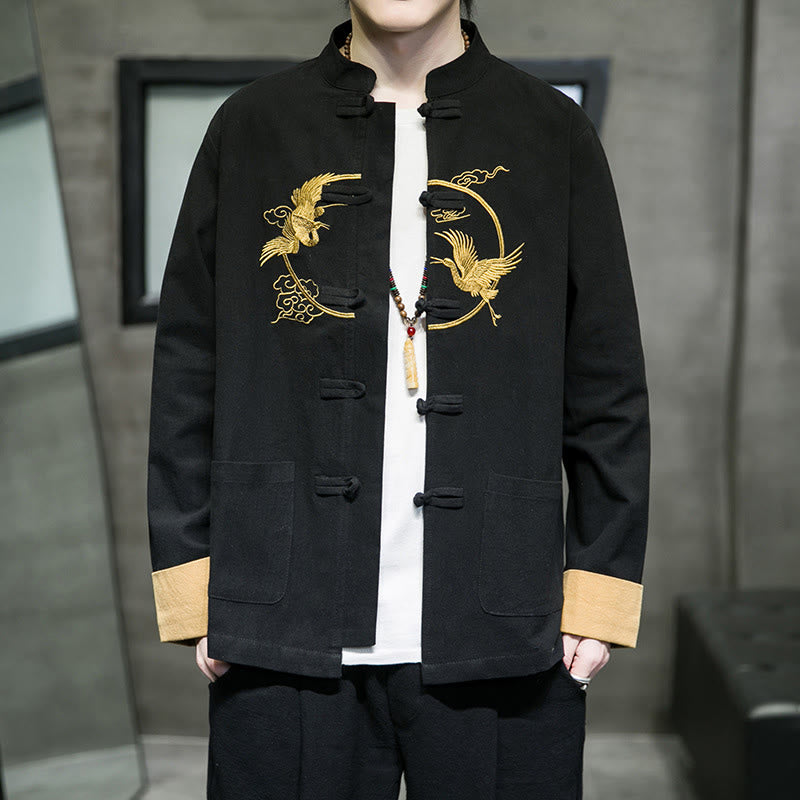 Buddha Stones Embroidered Cranes Auspicious Clouds Frog-Button Long Sleeve Cotton Linen Men's Shirt - Black - US/UK/AU46，EU56 (5XL) - image 14