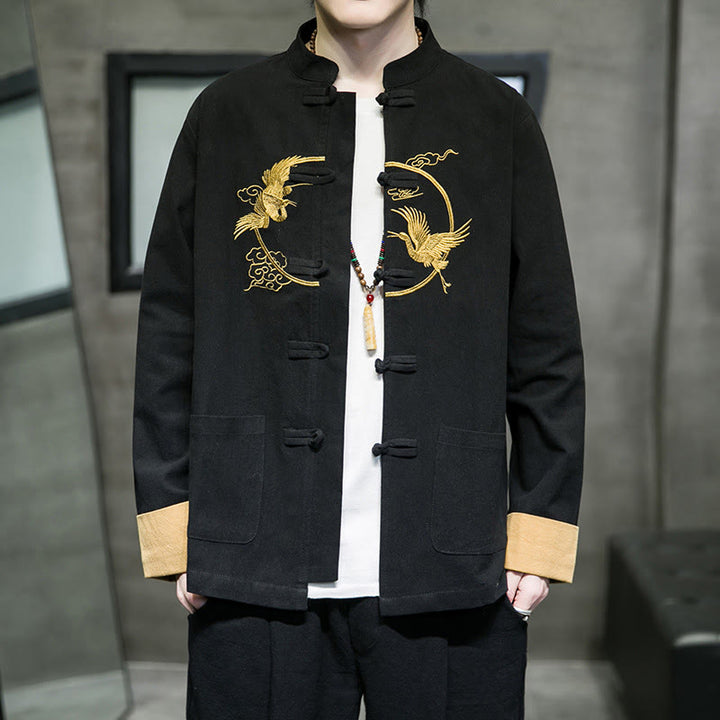 Buddha Stones Embroidered Cranes Auspicious Clouds Frog-Button Long Sleeve Cotton Linen Men's Shirt - Black - US/UK/AU46，EU56 (5XL) - image 14