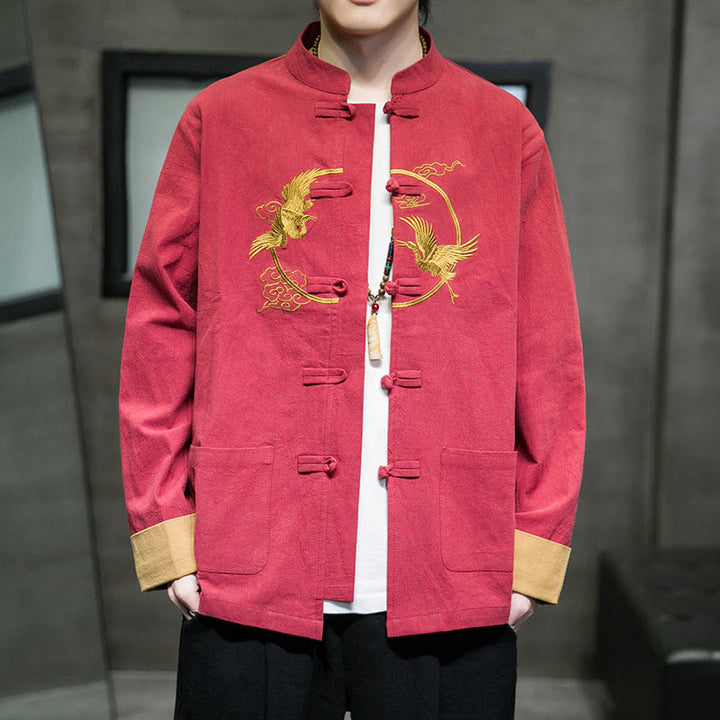 Buddha Stones Embroidered Cranes Auspicious Clouds Frog-Button Long Sleeve Cotton Linen Men's Shirt - Tomato - US/UK/AU46，EU56 (5XL) - image 29