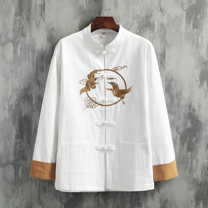 Buddha Stones Embroidered Cranes Auspicious Clouds Frog-Button Long Sleeve Cotton Linen Men's Shirt - White - US/UK/AU46，EU56 (5XL) - image 0